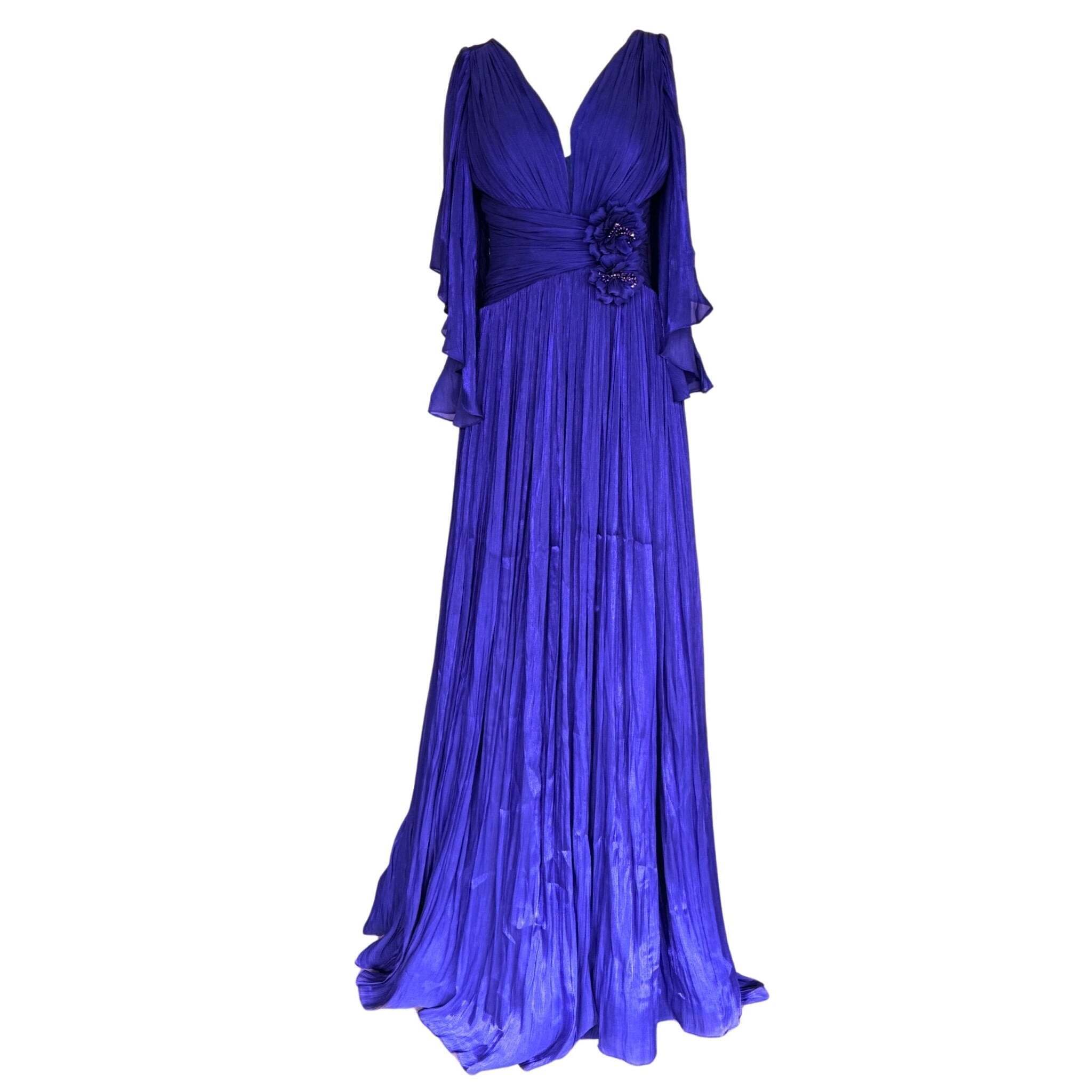 Elegant Chiffon Evening Dress Gown With Floral Brooch In Blue - Fr 38